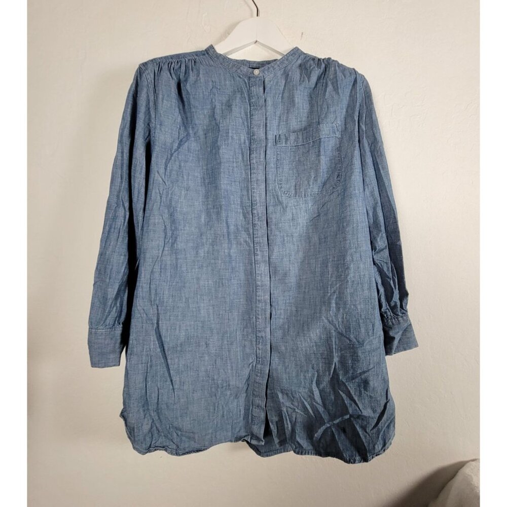 Lands End Womens Chambray Button-Front Tunic Top 1X 16W-18W Long Sleeve Blue